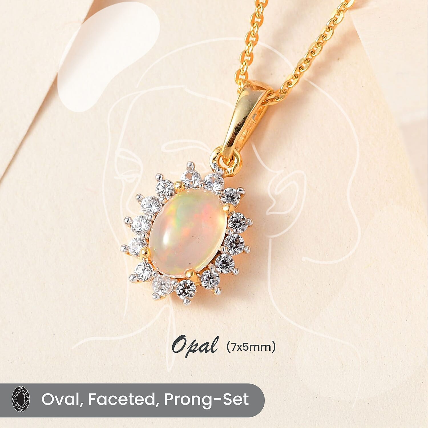 Ethiopian Welo Opal and Natural Zircon Pendant with Chain (Size-20) in 18K Vermeil Yellow Gold Plated Sterling Silver